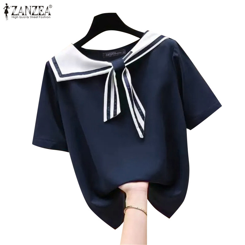 Zanzea เสื้อยืดแขนสั้นคอลูกเรือลําลองเกาหลีสําหรับผู้หญิงไม่มีกระเป๋า