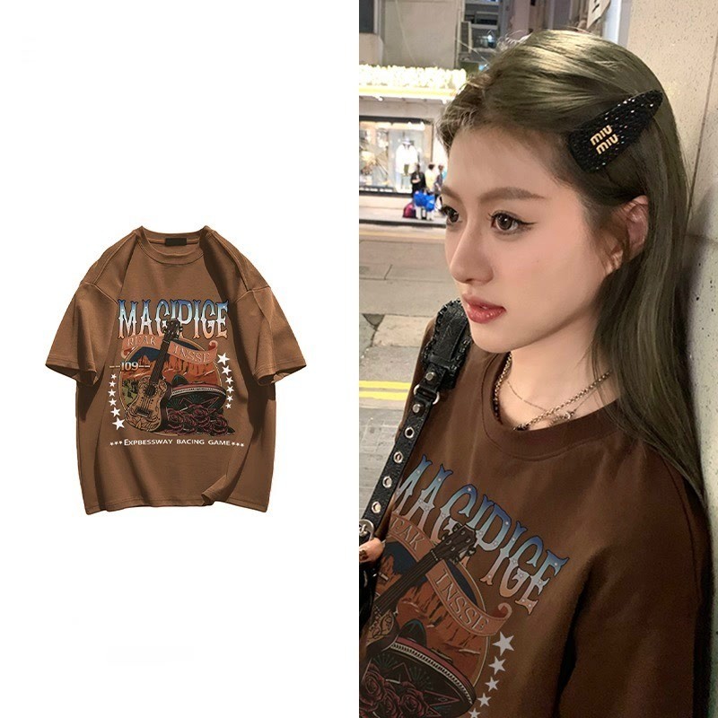 เสื้อยืดไซส์ใหญ่คอกรมผู้หญิง oversize แขนสั้นสไตล์เกาหลี เสื้อผ้าแฟชั่นวัยรุ่นน่ารัก เสื้อโอเวอร์ไซส์สกรีนลายวินเทจ XXXL