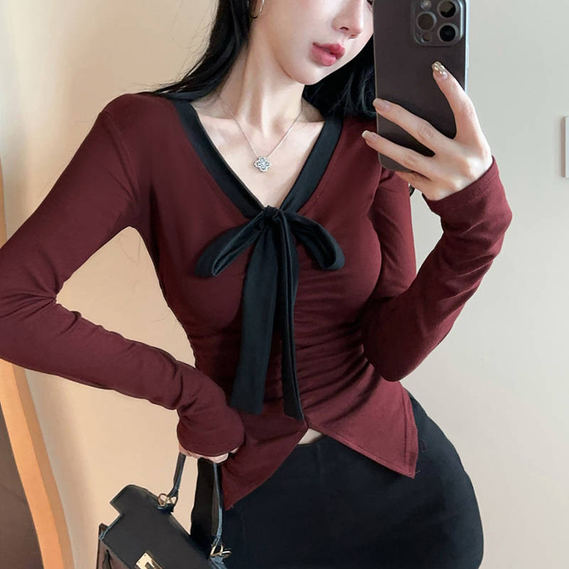 Retro Color-Block V Neck Bow Long-Sleeved Top 2024 Autumn New Internet Popular Slim-Fitting Slimming