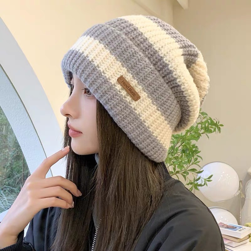 Unisex Stripe Label Beanies หมวกสไตล์เกาหลี Simple Man ผู้หญิงถักหมวกฤดูหนาวที่อบอุ่นป้องกันหูหมวก