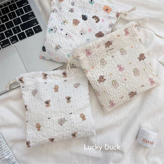 🔥พร้อมส่ง🔥 ถุงหูรูดลายตาราง ถุงหูรูดลายหมี น่ารัก มีให้เลืกหลายสี กระเป๋าผ้าหูรูด