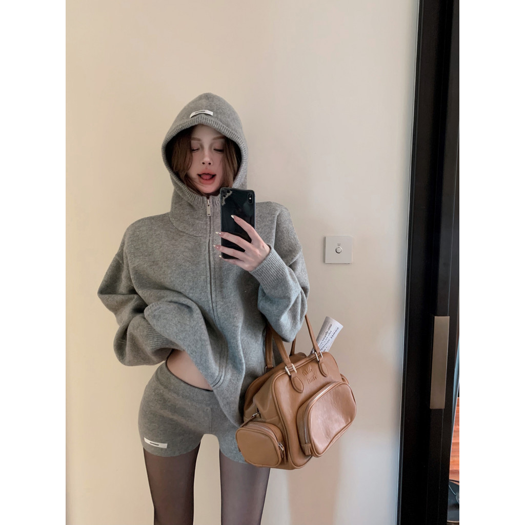 Hooded Long Sleeve Autumn and Winter Leisure Two-Piece Set Women's Sweater Vintage Shorts Straight Gray Suit Lazy Knitted Jacket