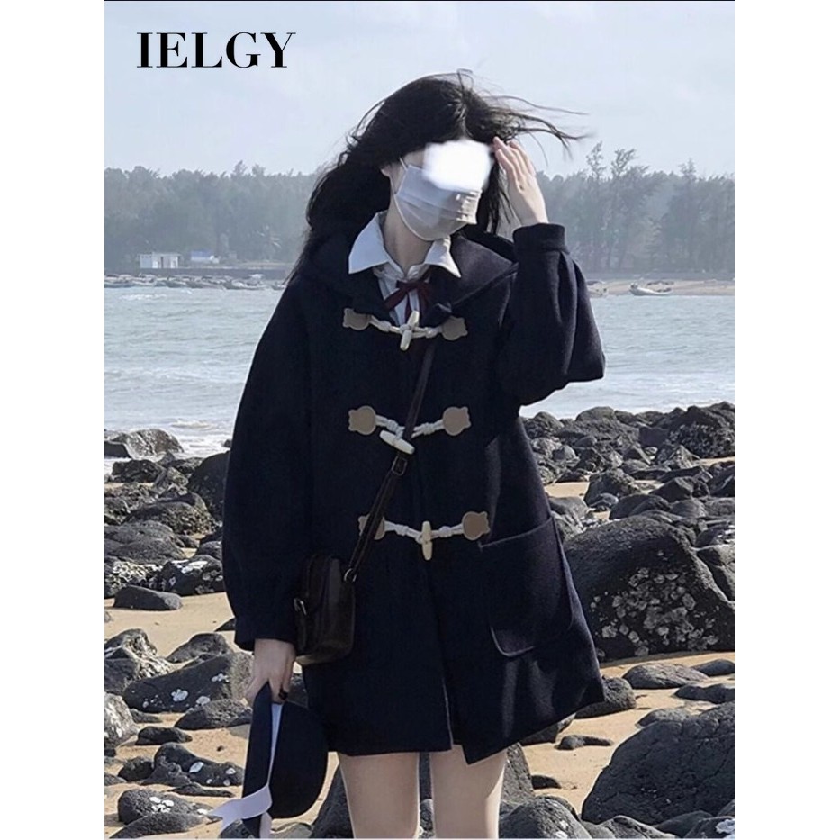 IELGY เสื้อแจ็คเก็ตมีฮู้ดผ้าวูลปุ่มฮอร์นความยาวปานกลางแบบหนาสไตล์วิทยาลัยสําหรับผู้หญิง