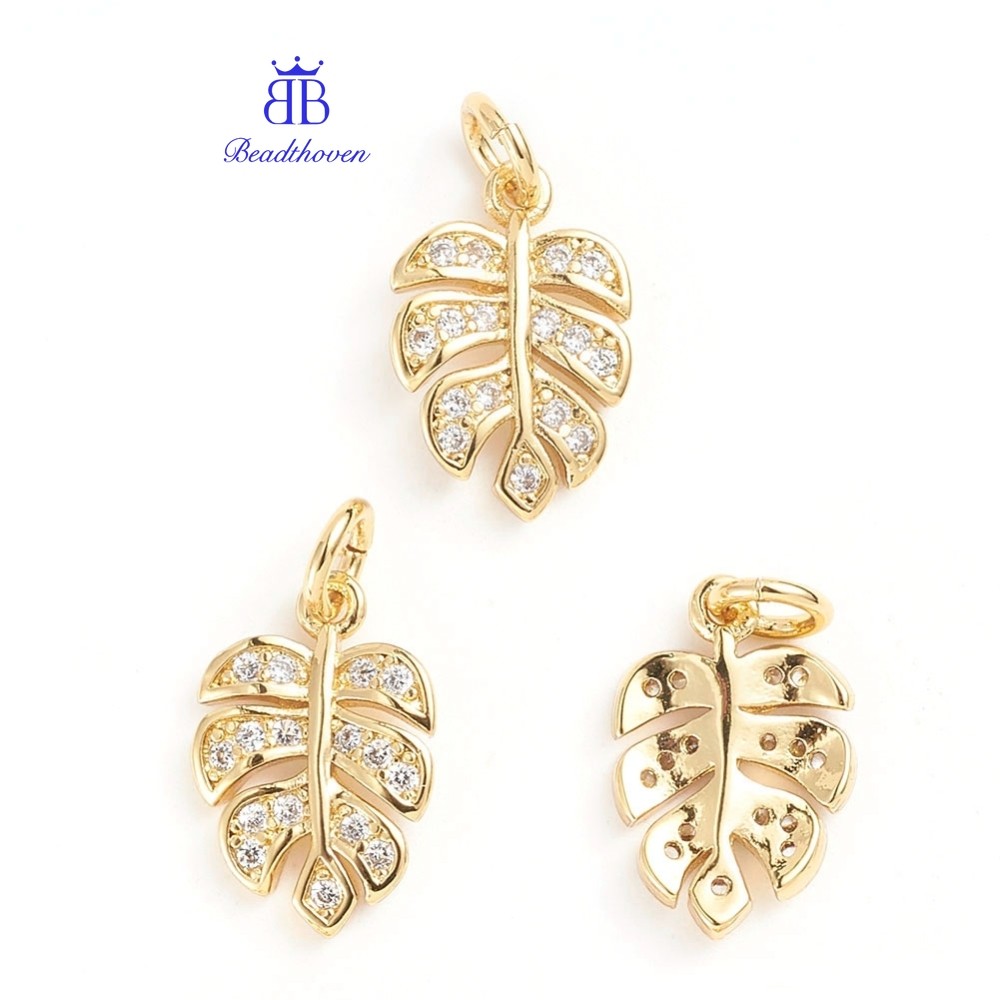 10 PC ทองเหลือง Micro Pave Cubic ia จี้ Tropical Leaf Charms พร้อมแหวนกระโดด Monstera Leaf Clear Golden 14.5x9.5x2 มม.รู: 3 มม.