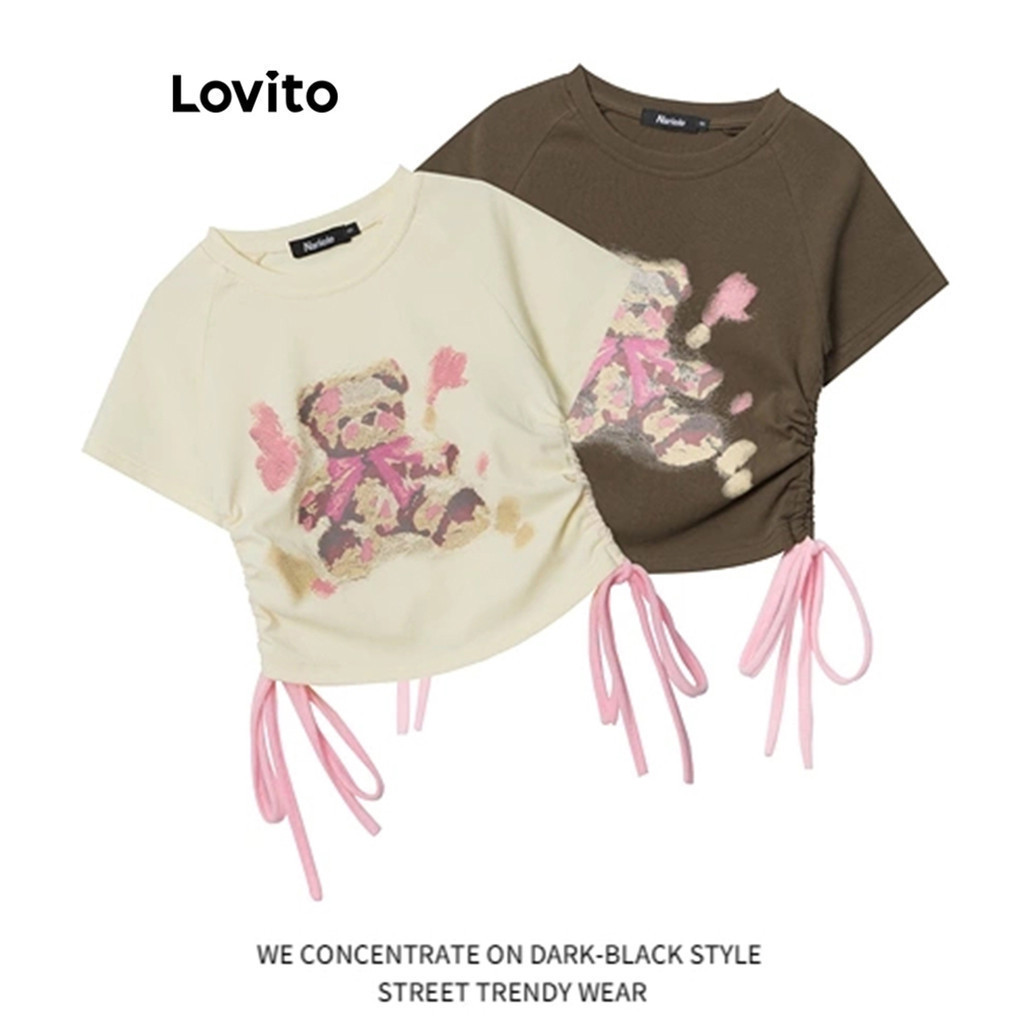 Lovito เสื้อยืดผู้หญิง ผูกเชือก เชือกรูด คัลเลอร์บล็อก ลายสัตว์ สไตล์ลำลอง LNE62159