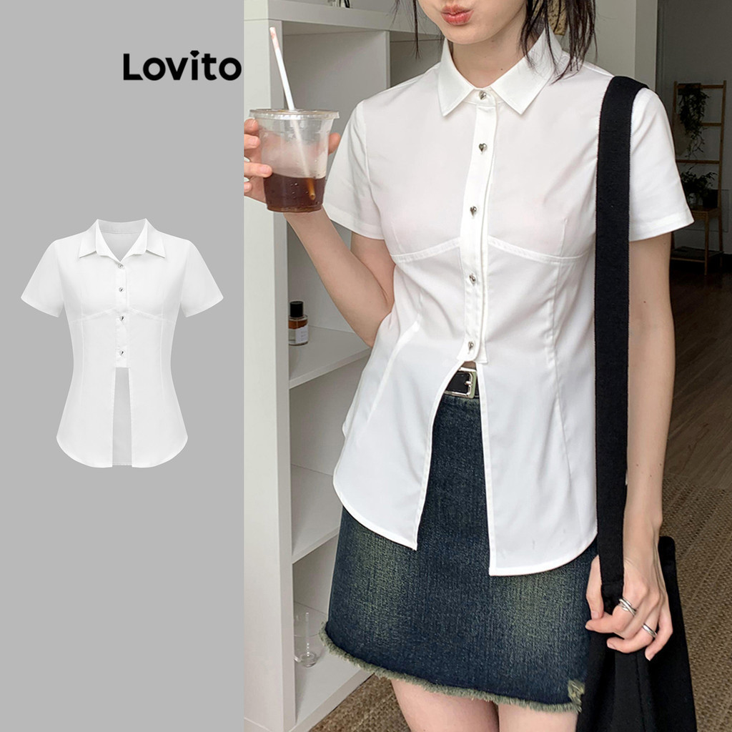 Lovito เสื้อเบลาส์ผู้หญิง แต่งผ่า สีพื้น สไตล์ลำลอง L88AD210