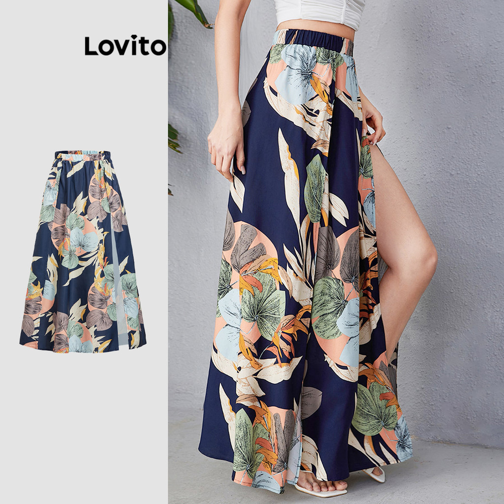Lovito กระโปรงผู้หญิง ลายทรอปิคอล แต่งผ่า สไตล์โบโฮ L89ED081