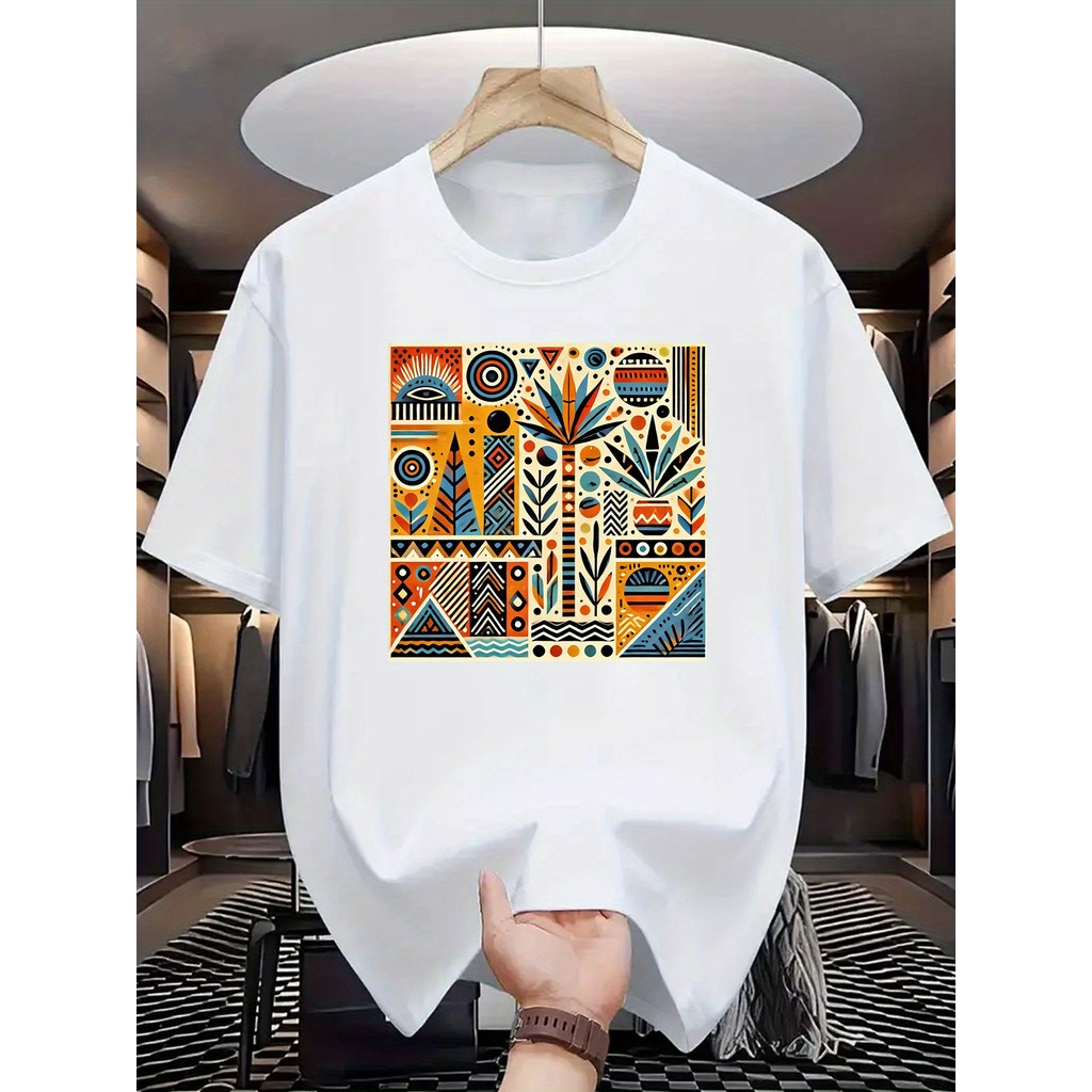 เสื้อยืดผ้าฝ้าย 100% สไตล์โบฮีเมียนสําหรับผู้ชาย | ระบายอากาศและสบาย | พิมพ์เรขาคณิต มีชีวิตชีวา | คอกลมแขนสั้นลําลอง | ใส่ในช่วงฤดูร้อนกลางแจ้ง | ที เสื้อยืดสีขาว ไม่จํากัดเพศ สําหรับผู้ชาย