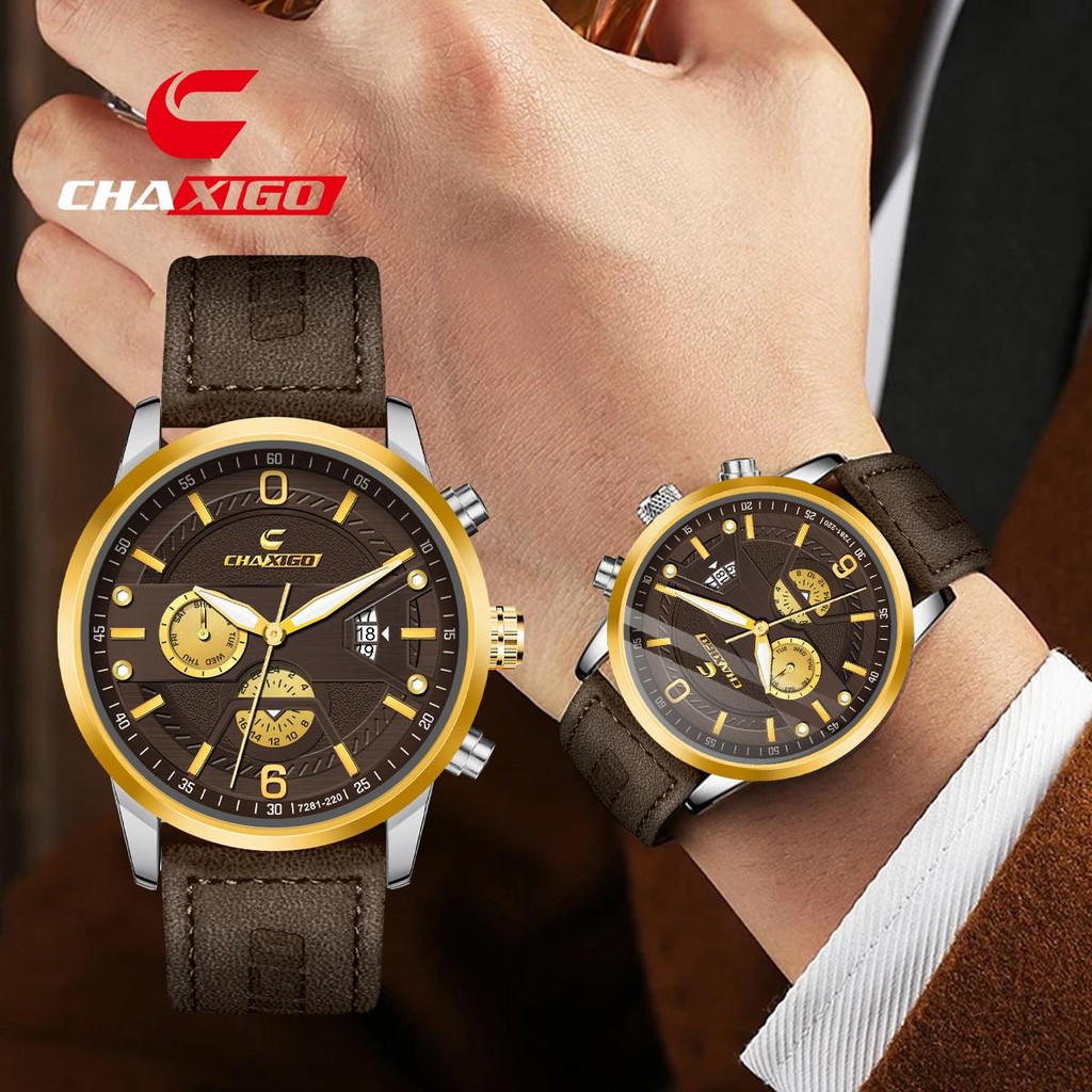Chaxigo นาฬิกาผู้ชาย กันน้ำ 100% หน้าปัดใหญ่ 43mm ดีไซน์เท่ เรืองแสง สายหนัง สไตล์ธุรกิจ พร้อมส่ง 7281-220songkran