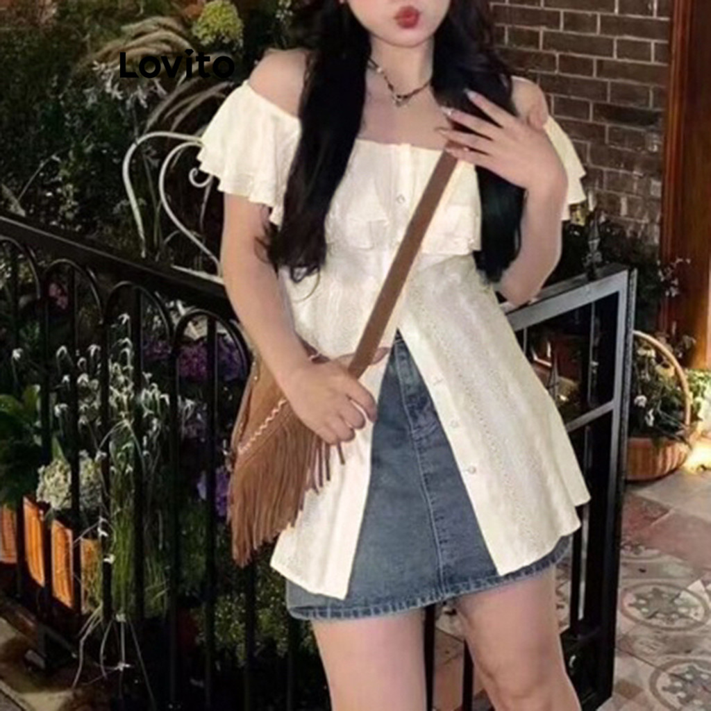 (Trendy) Lovito เสื้อลําลองผ้าพื้นผิวธรรมดานัวเนียปุ่มฤดูใบไม้ผลิและฤดูร้อนเสื้อสําหรับผู้หญิง L79AD