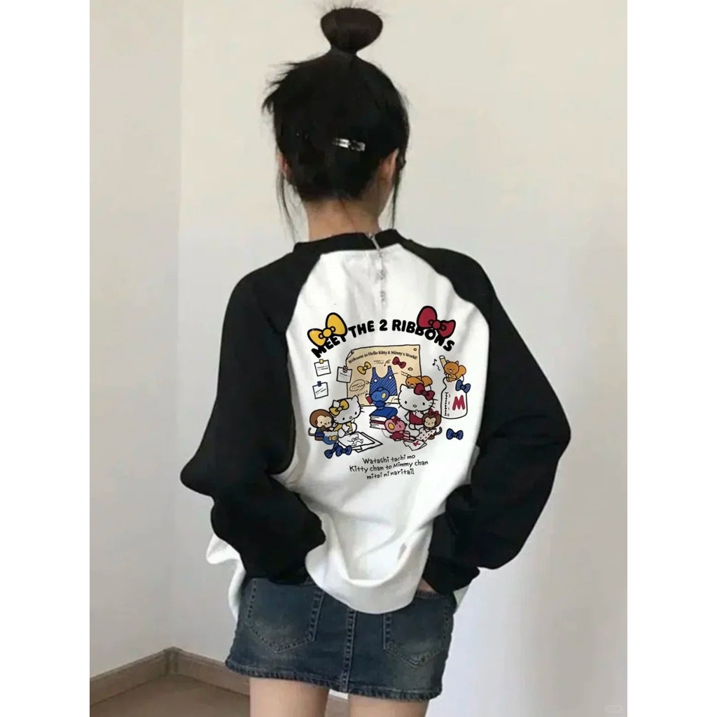 ผู้หญิงคิตตี้พิมพ์แขนยาวเสื้อยืดแฟชั่นหลวมสบายๆที