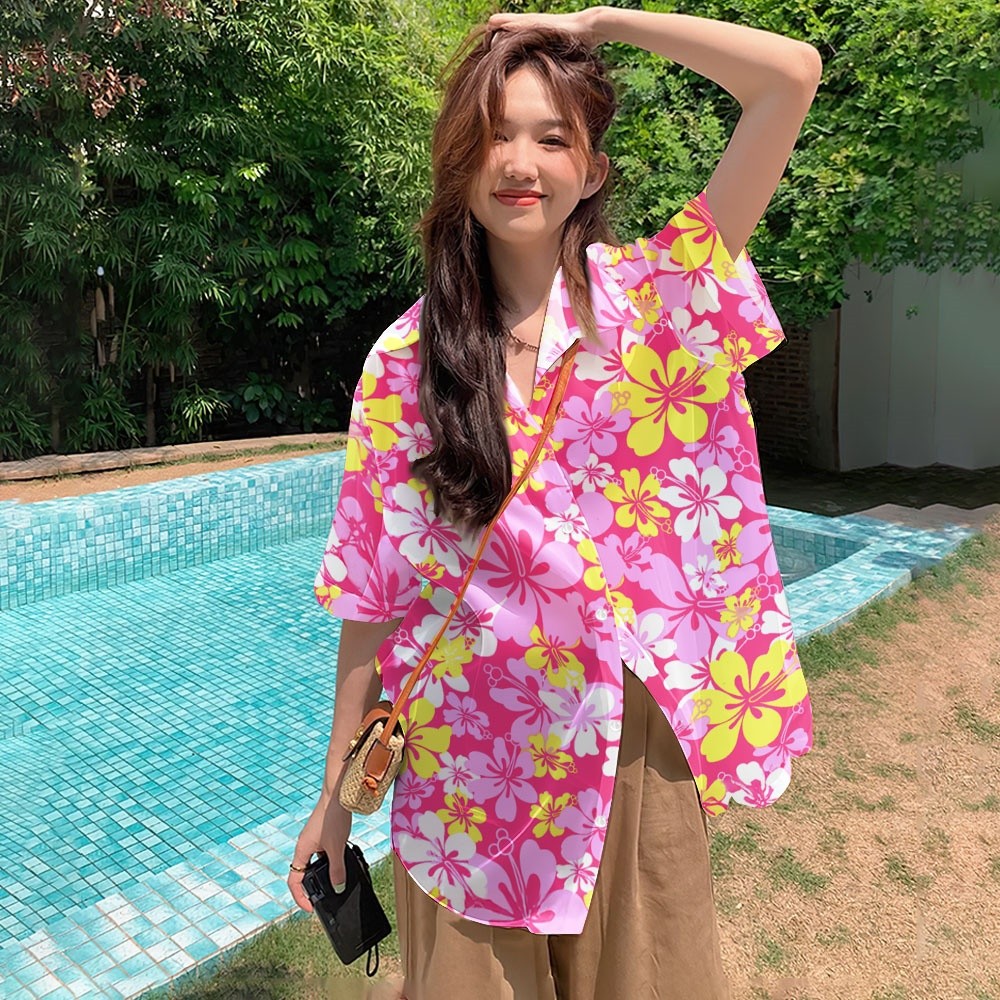 2568 Happy Water-Repellent เสื้อชีฟองเกาหลี Water-Repellent เสื้อแขนสั้นผู้หญิงฤดูร้อนดอกไม้พิมพ์ Sun Protection Robe เสื้อผ้าวันหยุดสาว Street เสื้อผ้า