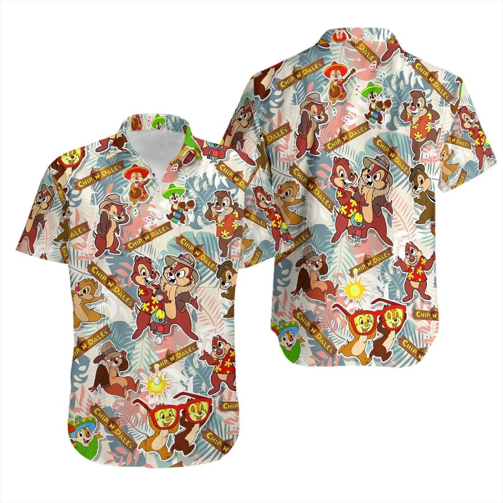 ชิปและเดลเสื้อฮาวายแขนสั้นพิมพ์ลายเขตร้อนดิสนีย์ สําหรับผู้ชายผู้หญิง ใส่หน้าร้อน