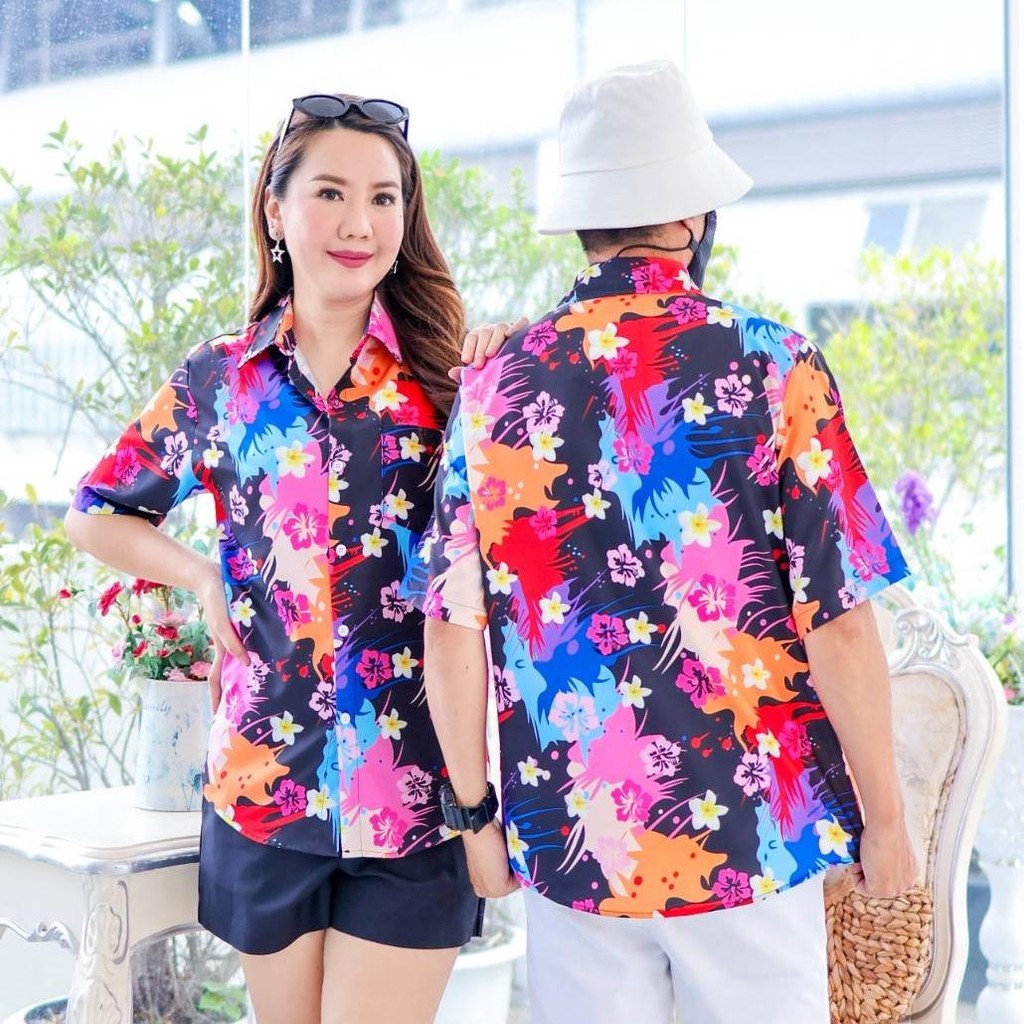 PINK3140 เสื้อทีมฮาวายลายใหม่2026 สาดสีสงกรานต์ลายดอก ทรงวัยรุ่น หญิงชายใส่ได้ ผ้าโพลีพรีเมี่ยม งานปัาย ลายคมชัด *1ตัว*
