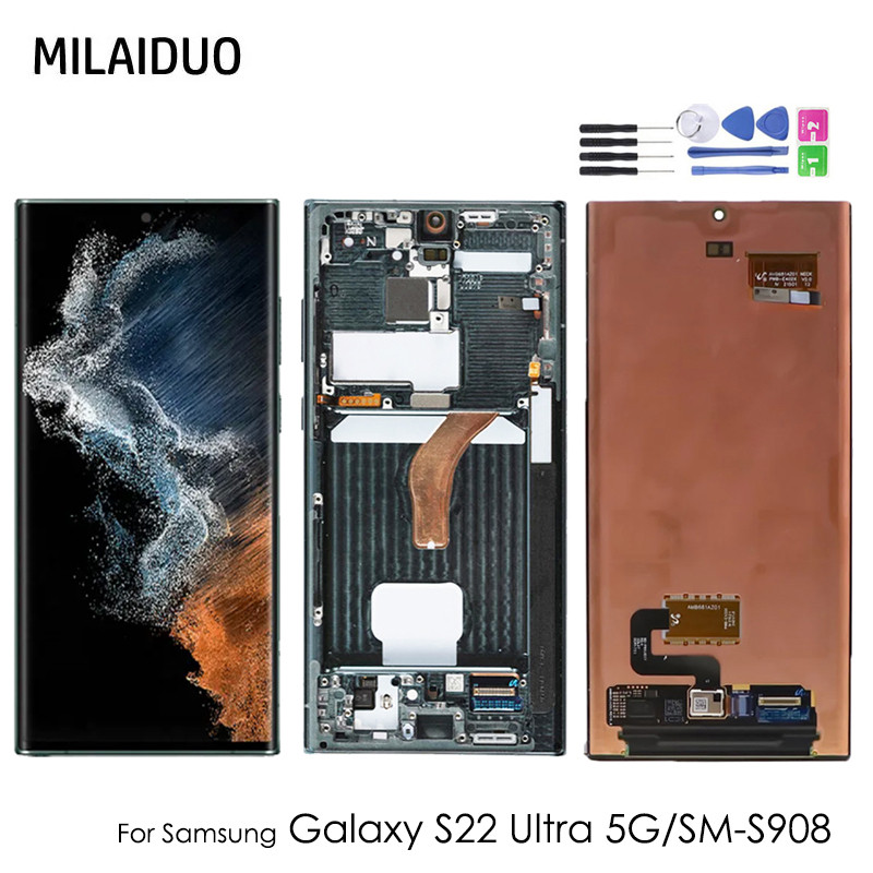 จอแสดงผล TFT / OLED สําหรับ Samsung Galaxy S22 Ultra 5G จอแสดงผล LCD Touch Screen Assembly กรอบ SM-S908B/DS S908N S908U เปลี่ยน LCD