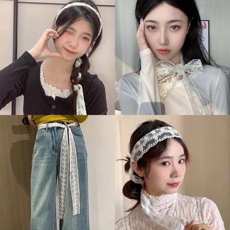 ผ้าพันคอริบบิ้นเกาหลีลูกไม้ โทนสีขาว สไตล์เกาหลี มาใหม่