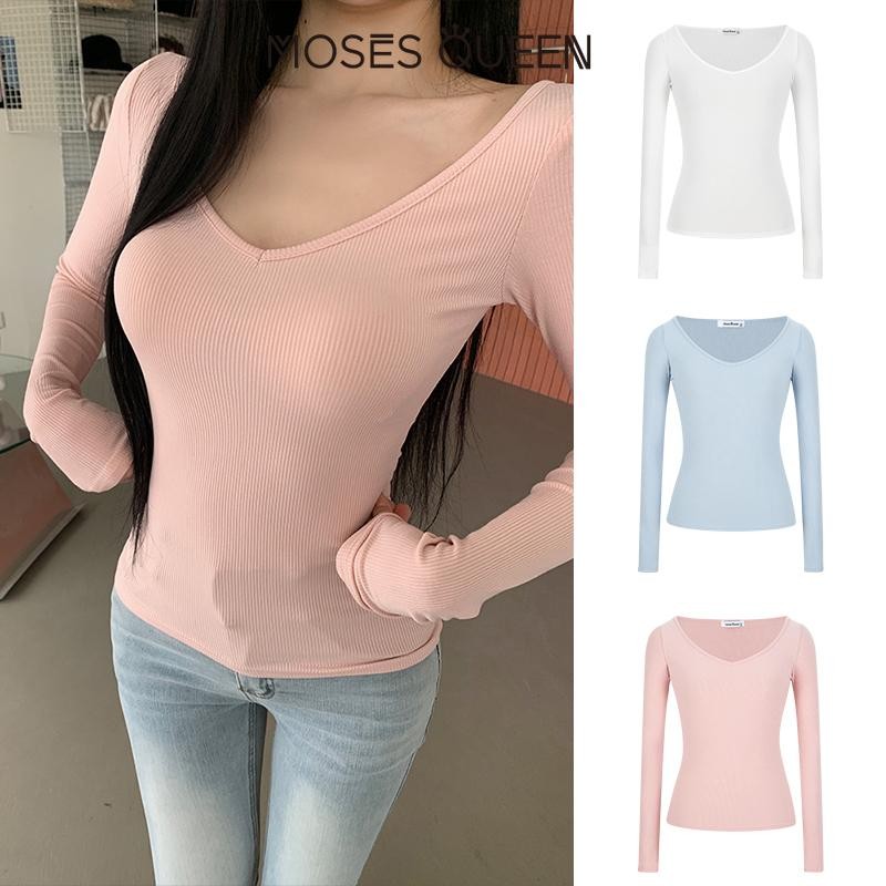 MOSESQUEEN  บริสุทธิ์ ความต้องการ คอวีแขนยาวแปรงเสื้อยืดผู้หญิงฤดูใบไม้ร่วงและฤดูหนาวสาวร้อนหวานสลิมมิ่งเสื้อด้านล่างชุดชั้นในสั้นด้านบน #62832