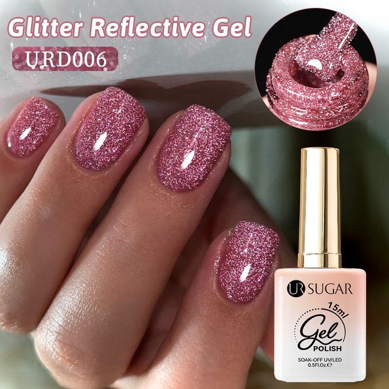 【Local】UR SUGAR ยาทาเล็บเจลสะท้อนแสงประกายสีชมพูเงา UV Gel กึ่งถาวร Soak Off UV Gel 15ml