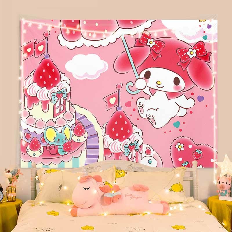 ผ้าผนัง Agirl ผ้าพื้นหลัง Ins น่ารัก Sanrio My Melody ตกแต่งห้องน่ารัก ผ้าแขวนผนัง