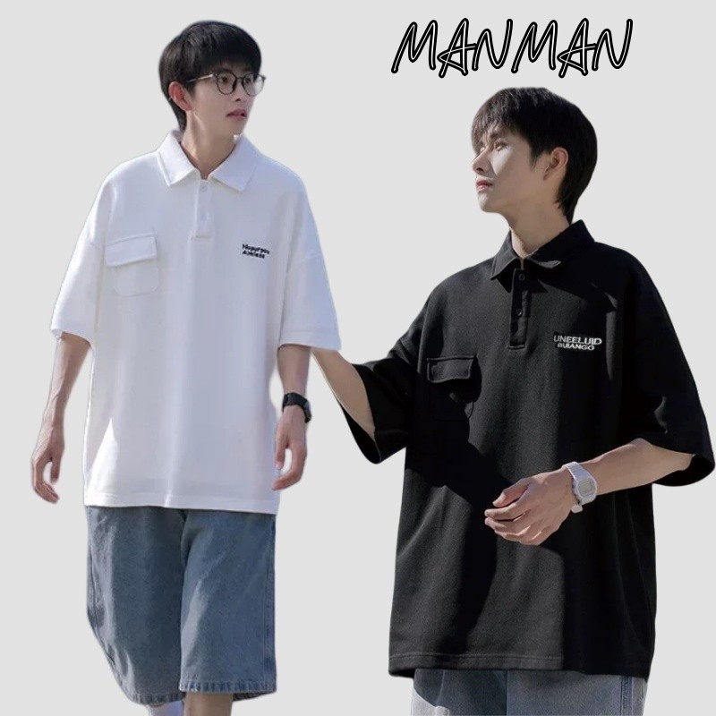 M＆M เสื้อโปโล พิมพ์ลายตัวอักษร การออกแบบกระเป๋า แบบหลวมลำลอง สไตล์วิทยาลัย ชุดคู่รัก