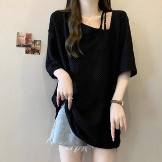 [เสื้อยืดโอเวอร์ไซส์] (50-150 กก.) ผู้หญิง ฤดูร้อน สไตล์เกาหลี เสื้อยืด คอยาว ตัดไม่สม่ำเสมอ ทรงหลวม เสื้อธรรมดา เสื้อยื