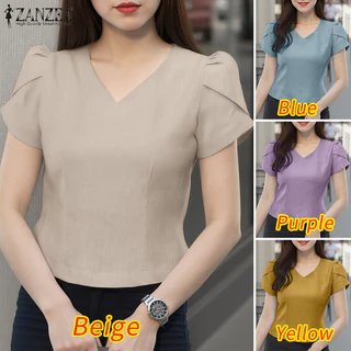 ZANZEA ผู้หญิงเกาหลี Elegant V คอกลีบแขนสีทึบเสื้อไม่สม่ําเสมอ