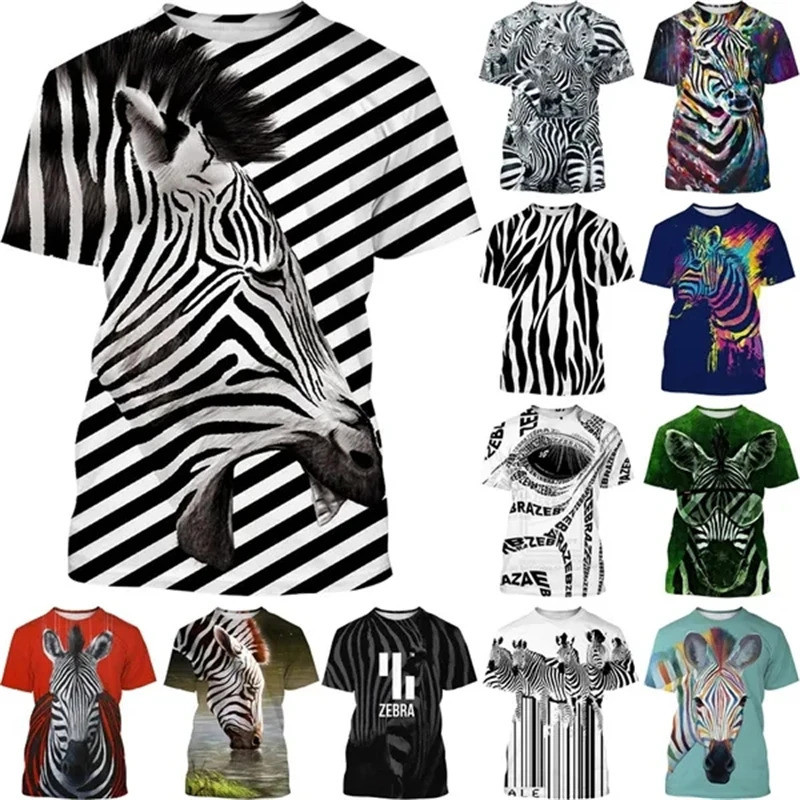 เสื้อยืดแขนสั้นพิมพ์ 3D สัตว์ม้าลาย ระบายอากาศได้ สไตล์ฮิปฮอปสำหรับผู้ชาย เสื้อสตรีทแวร์ลายม้าลาย