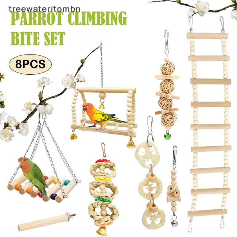 Tt 8 ชิ้นผสม Parrot Bird ของเล่น Parrot การฝึกอบรมของเล่นไม้ธรรมชาติ Parrot Swing Perch ของเล่นนก Cage Climb สัตว์เลี้ยงอุปกรณ์ mbn