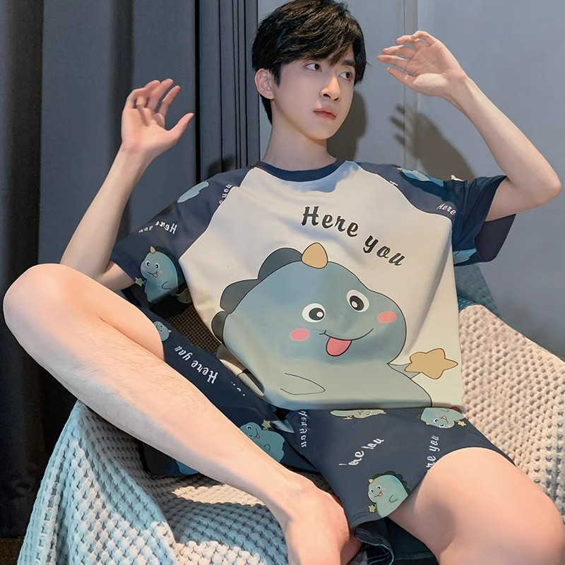 TLHGQ  (มี 14 ลาย)ชุดนอนลําลองผู้ชายฤดูร้อน ผ้าไหมนมสบายแขนสั้นและกางเกงขาสั้นหลายสี