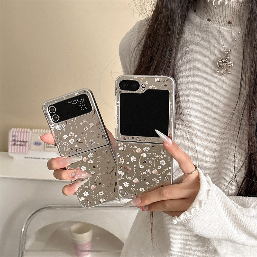 Vintage ดอกไม้กระจกเคสโทรศัพท์สําหรับ Samsung Galaxy Z Flip 6 5 4 3 ฝาครอบขอบเงินสําหรับ Z Flip5 Flip6 Flip4 5G กรณี