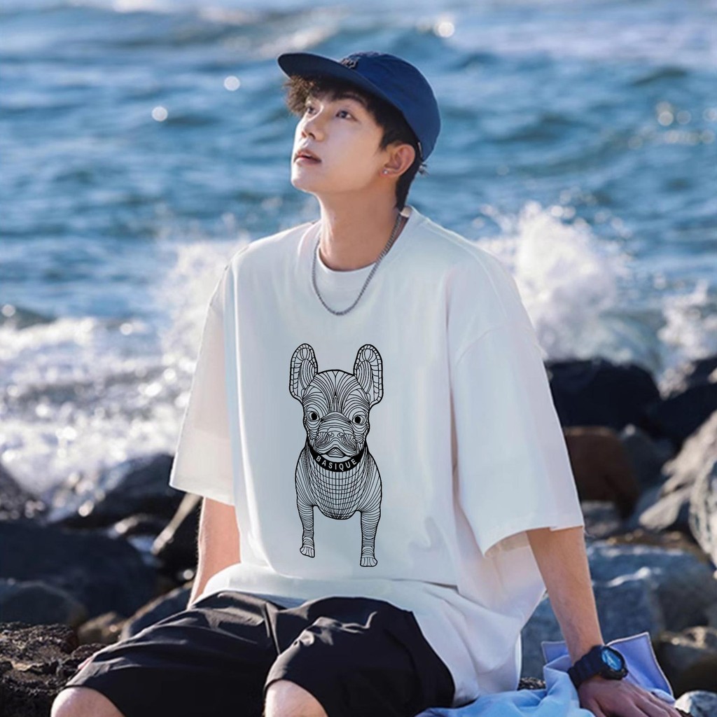 [COD] เสื้อขาว เสื้อผู้ชาย oversize ผ้าCotton 100% เสื้อยืด แฟชั่น แนวสตรีท เสื้อระบาย แขนสั้น DOG BASIQUE เสื้อวิ่ง