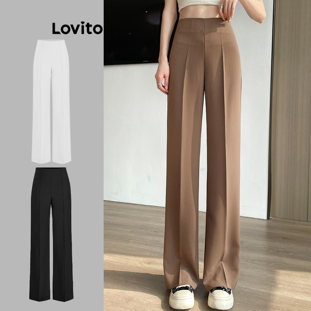 Lovito กางเกงลําลอง กางเกงปักหมุดสีพื้นสําหรับผู้หญิง L68ED317 (กากี/ดํา)