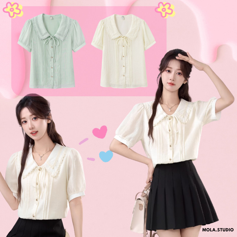 【🌞ใหม่🌸】เสื้อเบลาส์ ใส่ทำงาน สไตล์ญี่ปุ่น  แต่งลายลูกไม้ แขนสั้น ผูกโบว์ น่ารัก สายหวาน ลุคคุณหนู ใส่สบาย เสื้อพลัสไซซ์