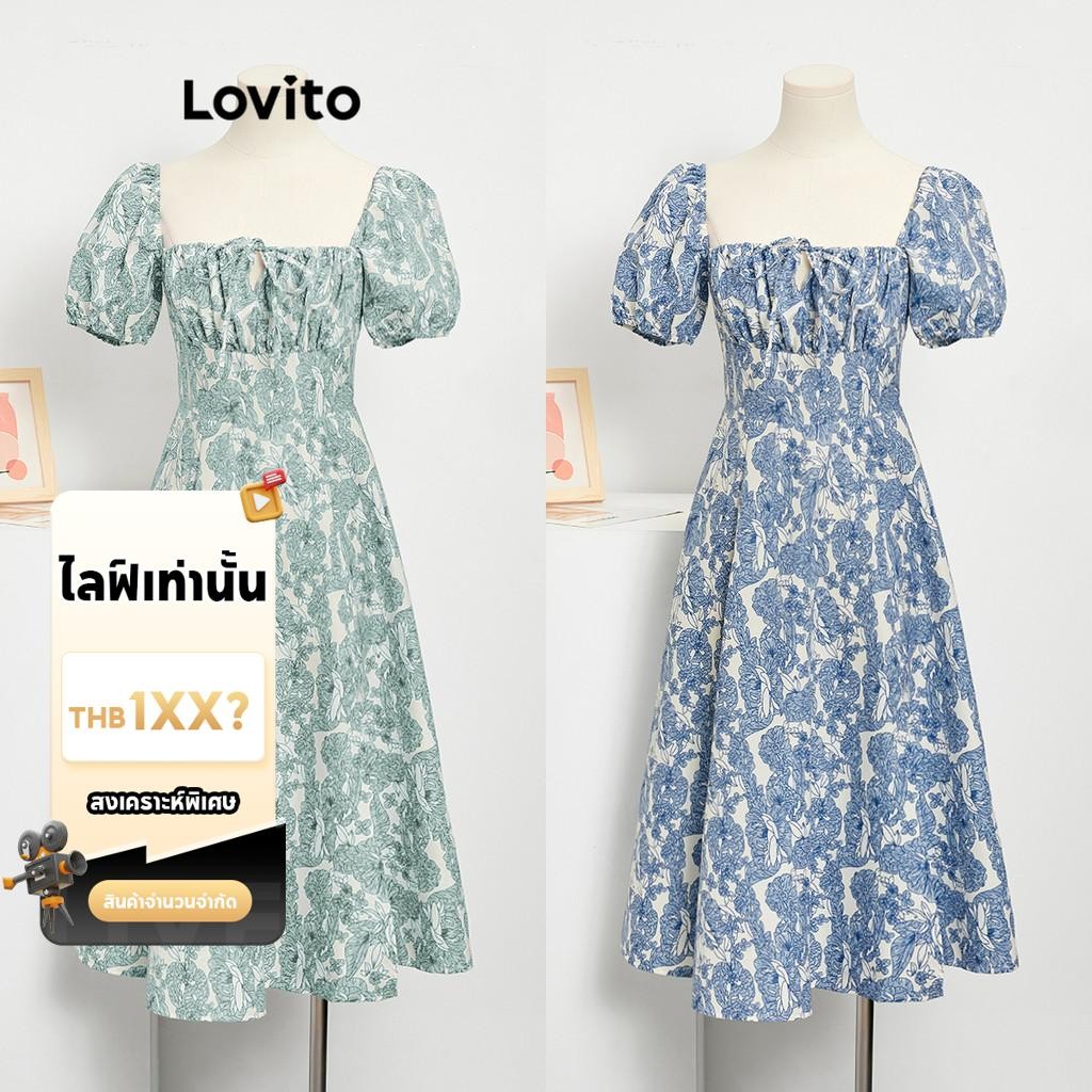 (LIVE STREAM SALE) Lovito ชุดเดรสผู้หญิง แขนพอง ผูกเชือก แบบผ่า แต่งจีบ ลายดอกไม้ สำหรับปาร์ตี้ L77E