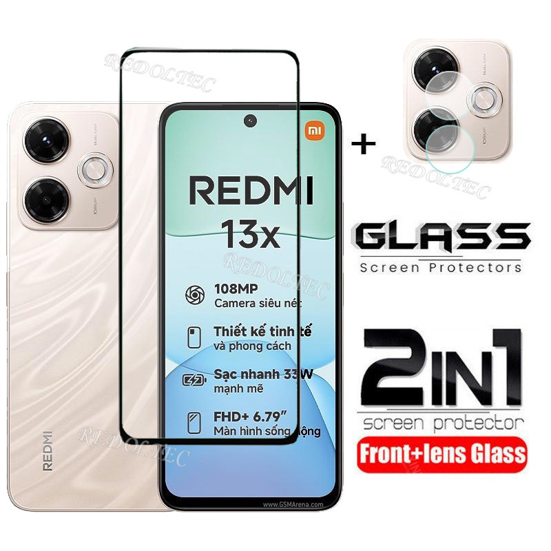 Redmi 13X 2 in 1 ฟิล์มกระจกนิรภัยป้องกันหน้าจอ + เลนส์คลุมเต็มเครื่อง กาวเต็ม พร้อมกล้อง Flim