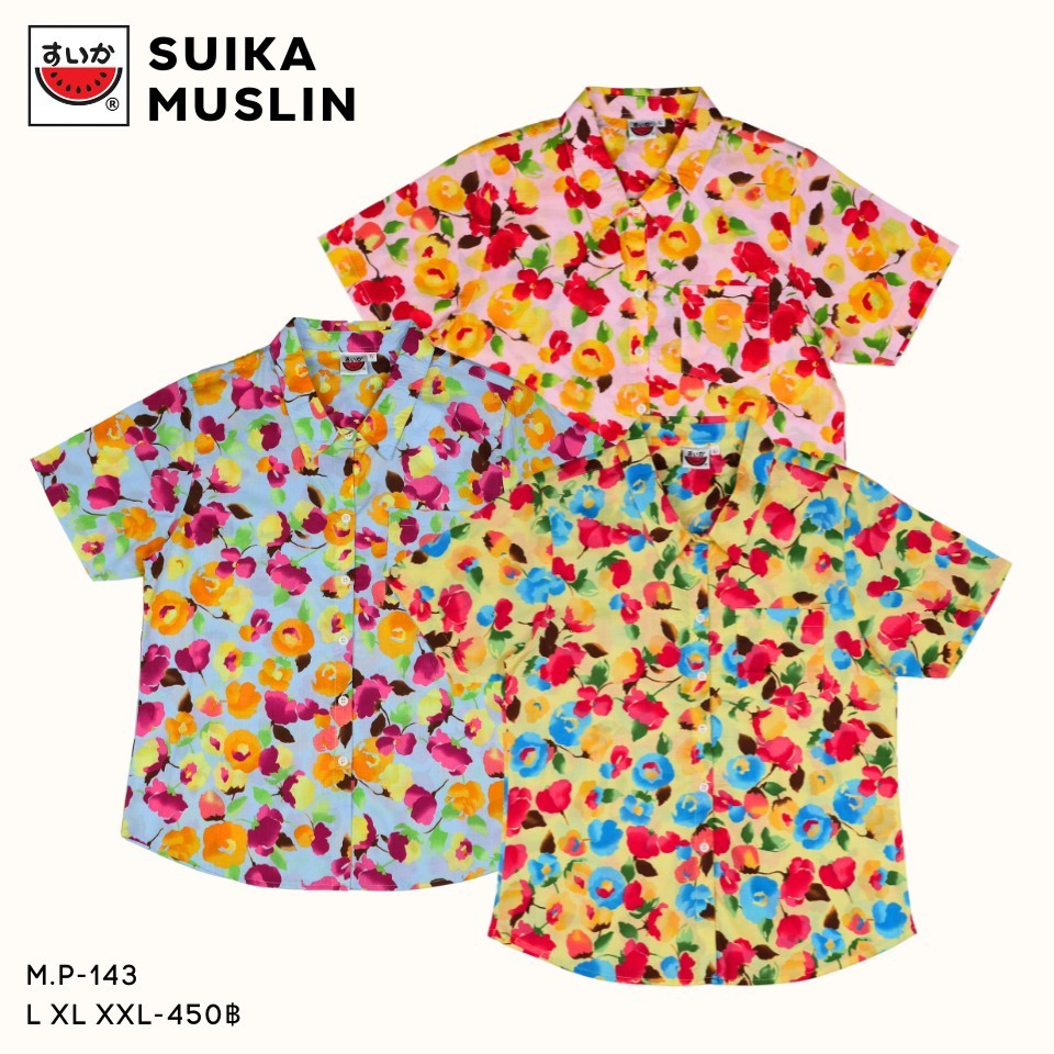 เสื้อแตงโม (SUIKA) แบบ: คอปกผ่าหน้าเข้ารูปนิดหนึ่งแขนสั้น ผ้าป่านมัสลิน (M.P-143)