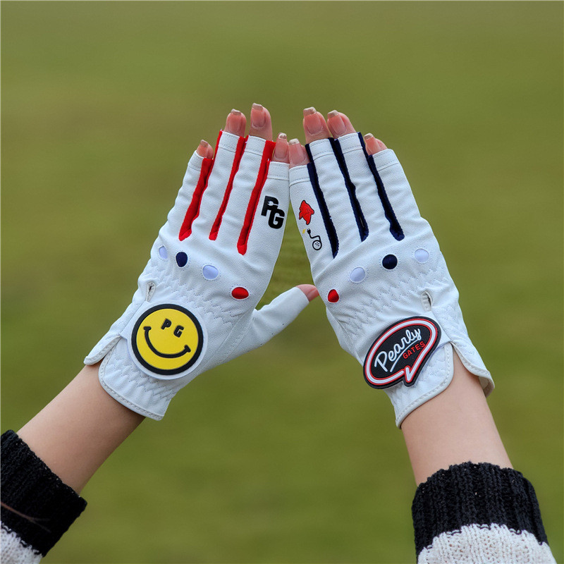 Smiley Golf ถุงมือผู้หญิง Velcro กันลื่นทนต่อการสึกหรอถุงมือระบายอากาศรั่วถุงมือแยกนิ้ว