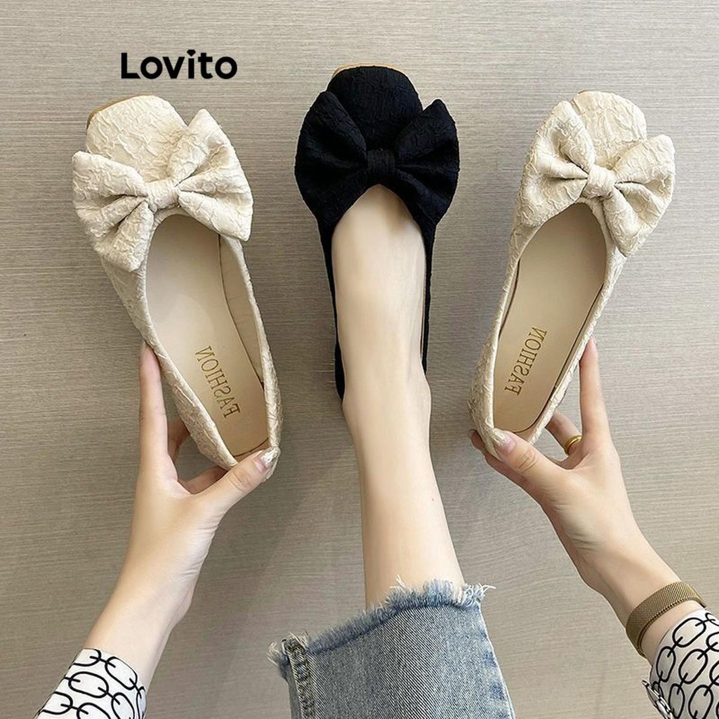 Lovito ลําลองธรรมดาโบว์ประกบอเนกประสงค์ด้านล่างนุ่มกันลื่นบัลเล่ต์แบนสําหรับผู้หญิง LFA59322