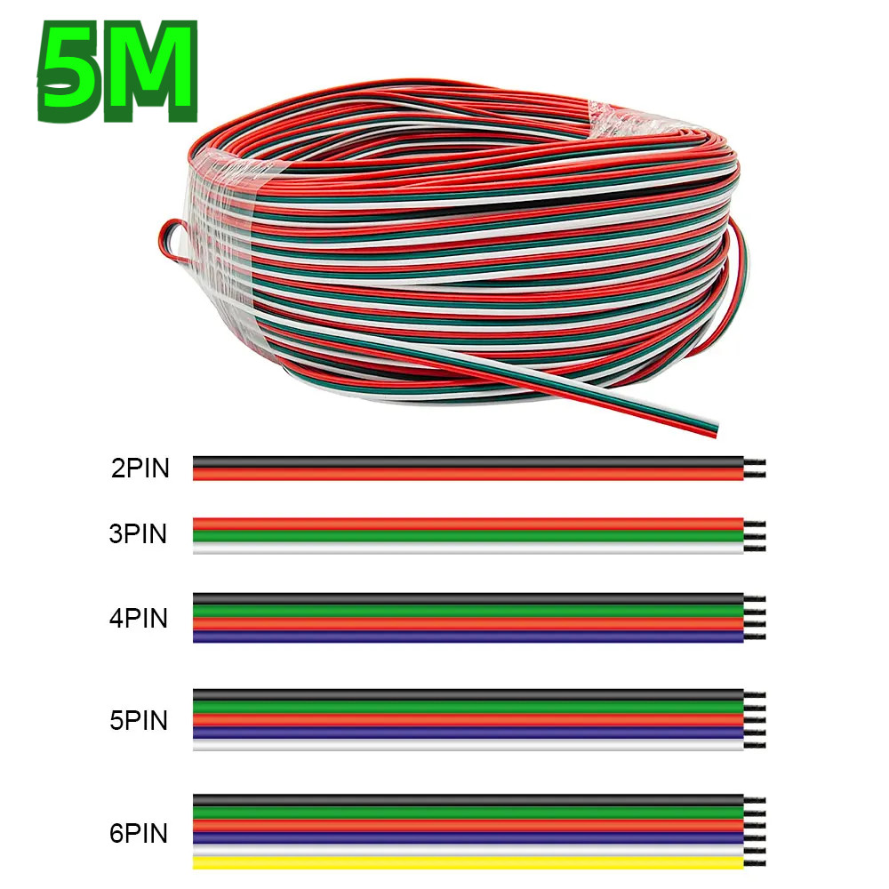 5m สายไฟ 18/20/22AWG 2/3/4/5/6 Pins สายเชื่อมต่อไฟฟ้าสําหรับ WS2812B RGB RGBW 5050 LED Strip Light