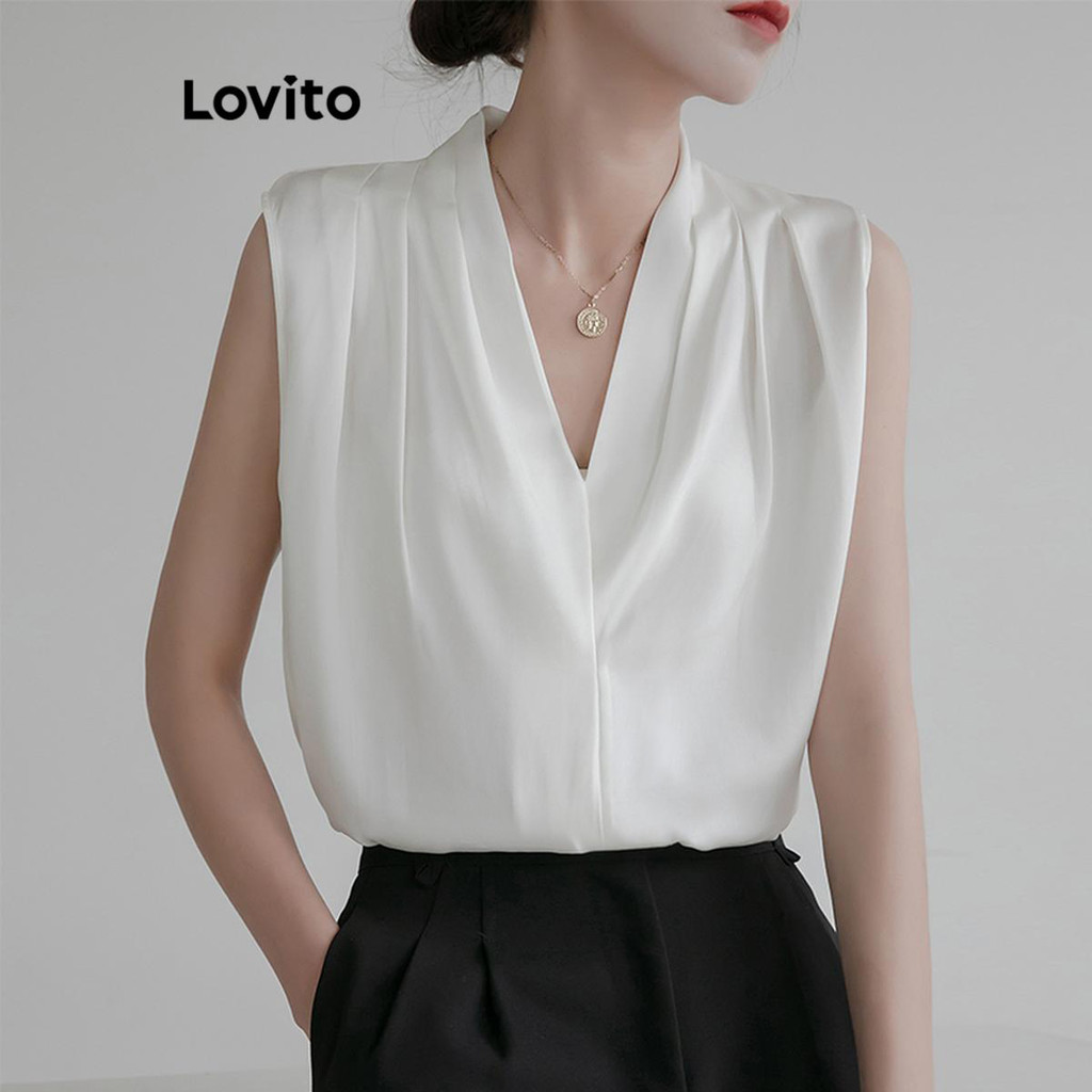 Lovito เสื้อแขนกุดผู้หญิง แต่งจีบ สีพื้น สไตล์หรูหรา LNE53090