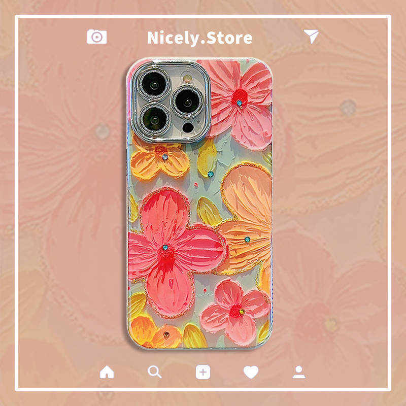 ภาพวาดสีน้ํามันพรีเมี่ยมดอกไม้สีชมพูอีพ็อกซี่เคสโทรศัพท์เข้ากันได้สําหรับ ไอโฟน 16 15 14 13 12 มือโปร สูงสุด 11 12มือโปร 13โปรแม็กซ์ ทีพียู ช็อกทนปลอกโ