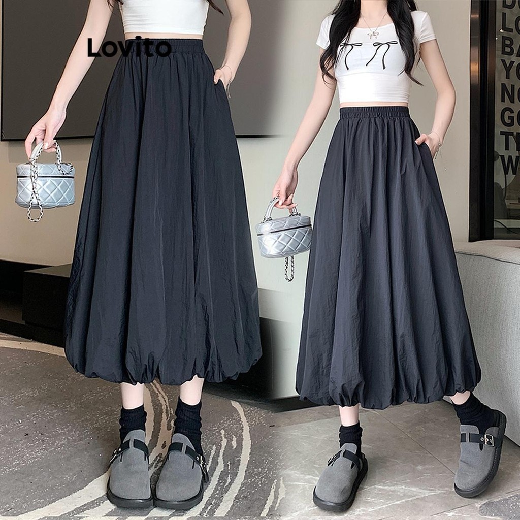 Lovito กระโปรงผู้หญิง มีกระเป๋า สีพื้น สไตล์ลำลอง LNA62148