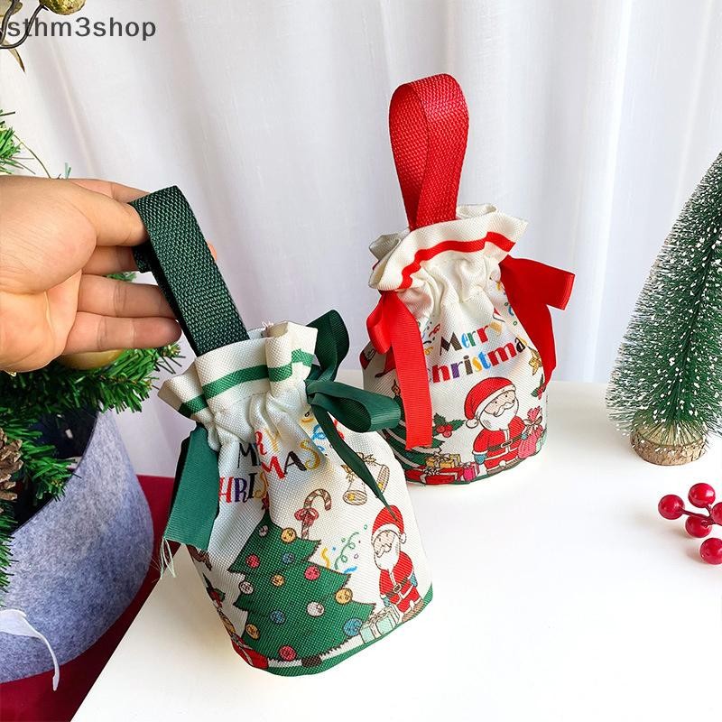 [STHM] กระเป๋าคริสต์มาสน่ารักการ์ตูน Santa Christmas Trees ผ้าใบของขวัญ Drawstring กระเป๋านํากลับมาใช้ใหม่ Xmas Party Candy บรรจุภัณฑ์อุปกรณ์ MLLS