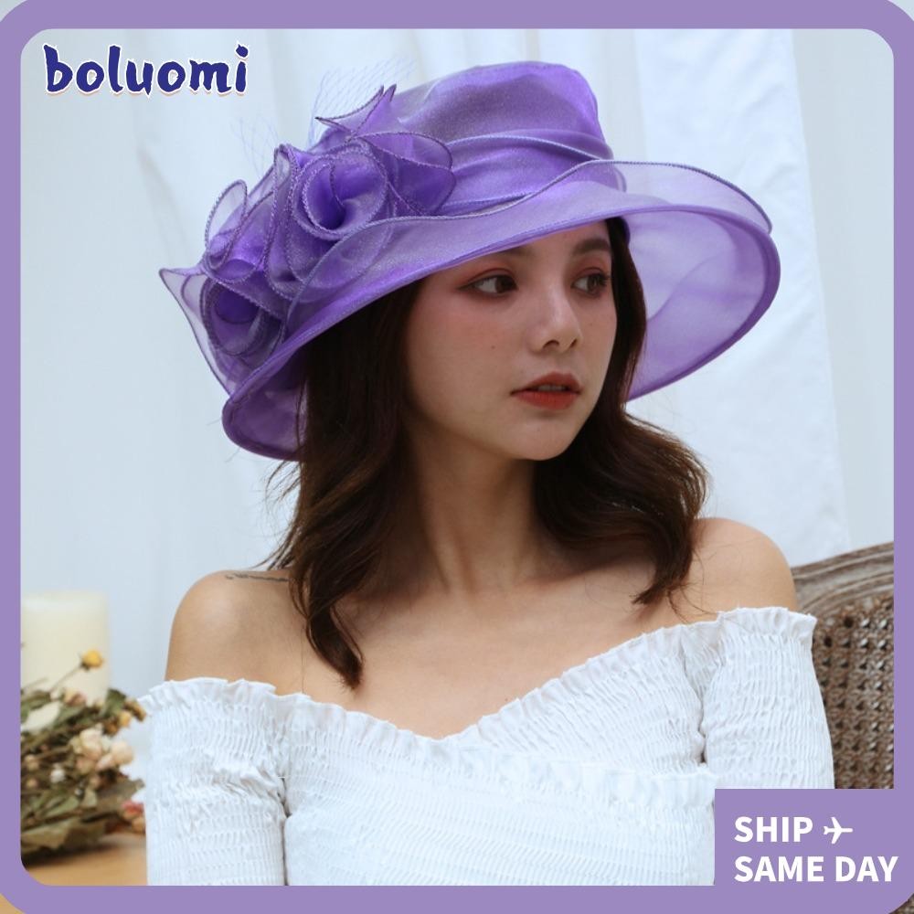 Bolumi Sunhats, หมวกแต่งงานปีกกว้างตาข่ายดอกไม้, หมวก Ruffles Organza Sunscreen French Vintage