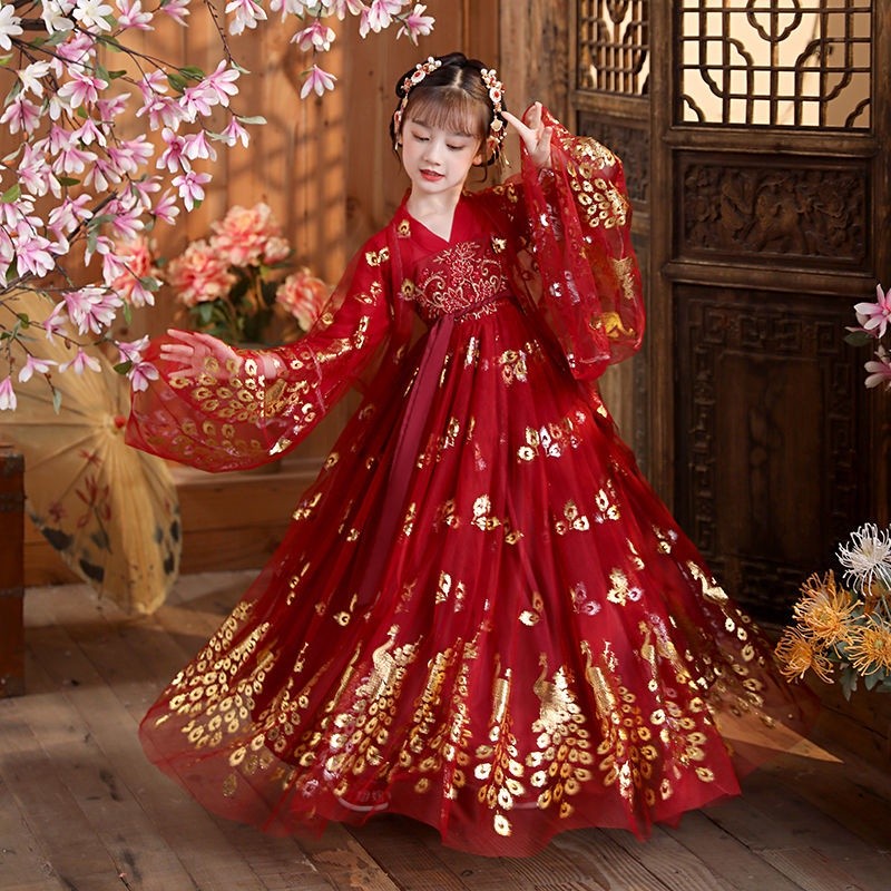 Hanfu เด็กผู้หญิงชุดเจ้าหญิงโบราณ Tang ชุด Super Fairy ชุดกระโปรงสไตล์โบราณ Super Fairy เครื่องแต่งกายชุดเจ้าหญิง