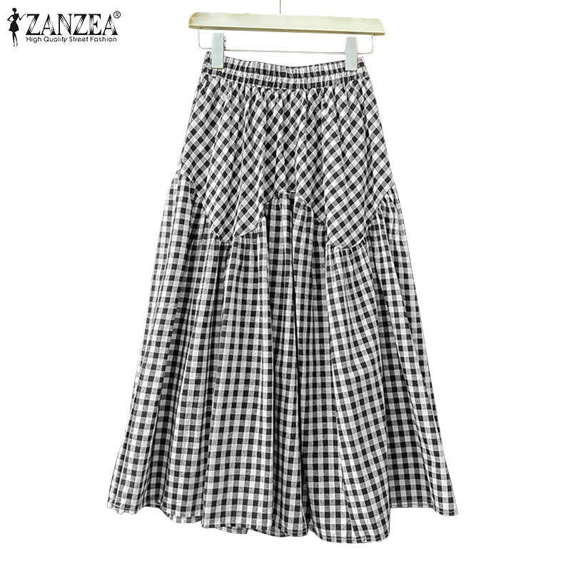 ZANZEA ใส่ ซานเซีย ผู้หญิงเกาหลีสบายๆเอวยางยืดหลวมลายสก๊อตกระโปรงยาว