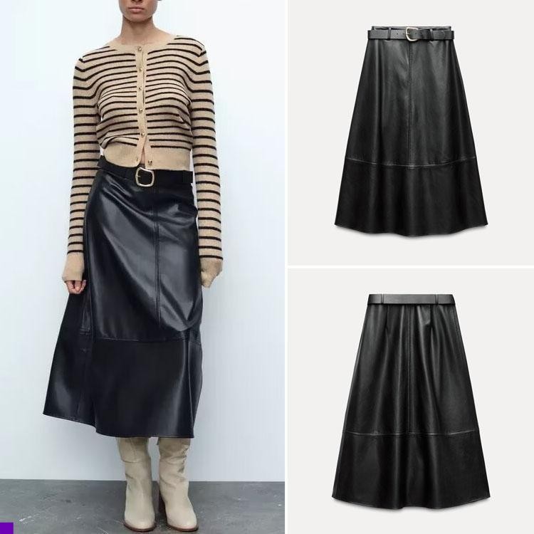 ZARA 2024 ฤดูใบไม้ร่วงผลิตภัณฑ์ใหม่ผู้หญิงความรู้สึกระดับไฮเอนด์ทุกการแข่งขันเข็มขัดหนัง มารยาท เอวสูงเสื้อคลุมกระโปรง 8372317 3046292