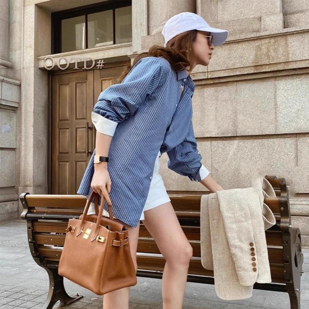 DODO#เสื้อเชิ้ตลายทางคอปกแขนยาวผู้หญิง oversize shirt เสื้อกระดุมหน้าขาตรงแฟชั่นสไตล์เกาหลีลำลอง เนื้อผ้านุ่มบางเบา#W502