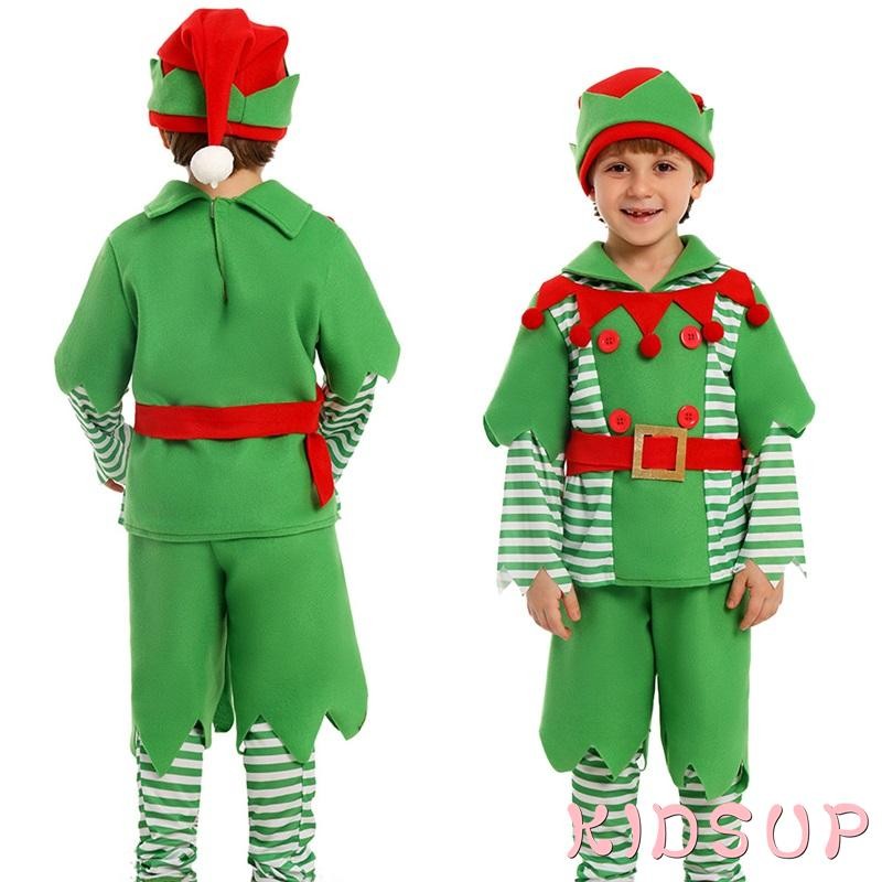 Kidsup1-kid Elf ชุดเครื่องแต่งกายเสื้อแขนยาวกางเกงขาสั้นลายขาอุ่นเข็มขัดหมวกชุดคอสเพลย์สําหรับคริสต์มาสฮาโลวีน Party