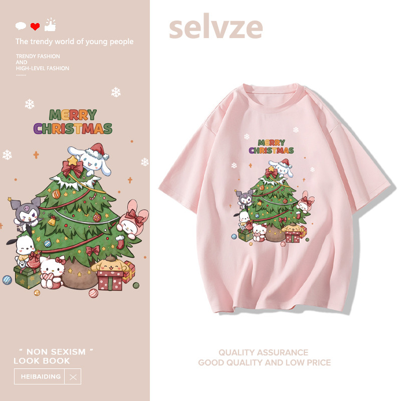 SELVZE（จัดส่งตลอด 24 ชั่วโมง） Christmas T-shirt，การ์ตูนน่ารักต้นคริสต์มาสพิมพ์เสื้อยืดแขนสั้น I001063